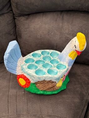 Handcrafted Ceramic Chicken Shaped Egg Holder Hand painted Has Some Weight To It